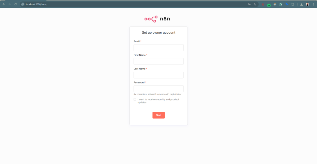 Форма за създаване на акаунт в n8n