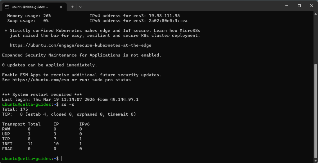 Резултат след команда ss -s