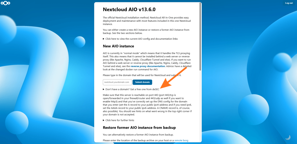 Изберете hostname за Nextcloud